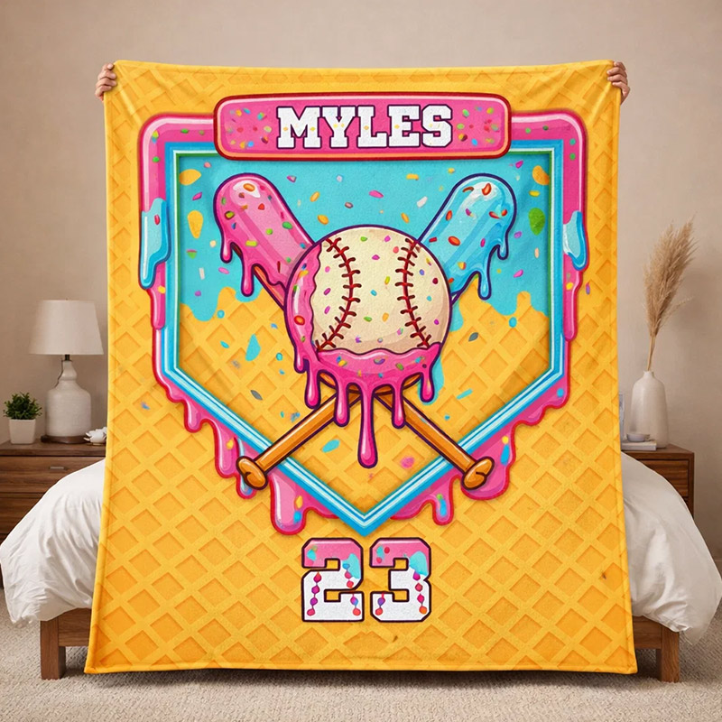 Personalized Baseball Blanket with Melting Ice Cream Baseball Custom Name and Number Baseball Lovers