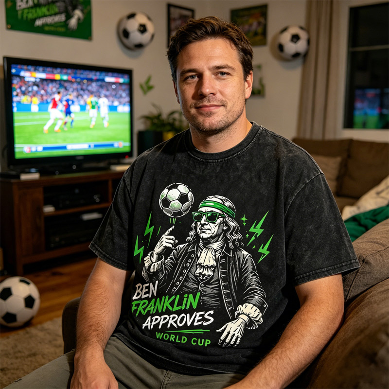 Vintage Washed Soccer T‑Shirt Ben Franklin Approves World Cup Philly Graphic Tee