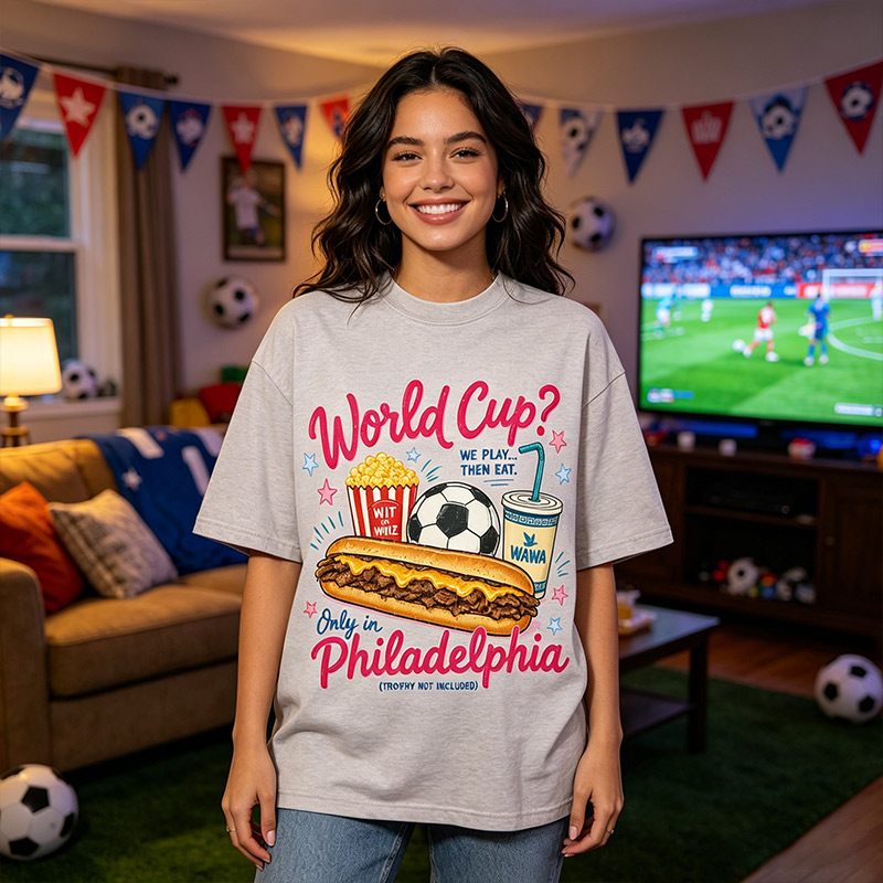 Vintage Washed  T‑Shirt World Cup Philadelphia Cheesesteak & Football Foodie Fan Graphic Tee