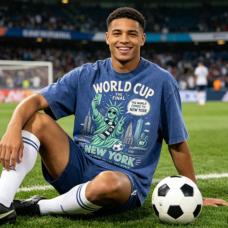 Vintage Washed Tee World Cup Final New York T‑Shirt Statue of Liberty Football Skyline Graphic Tee