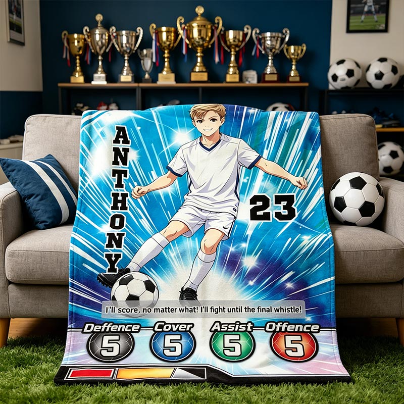 Personalized Football Flannel Blanket with Passionate Anime Soccer Customizable Photo Name and Number for Football Lovers