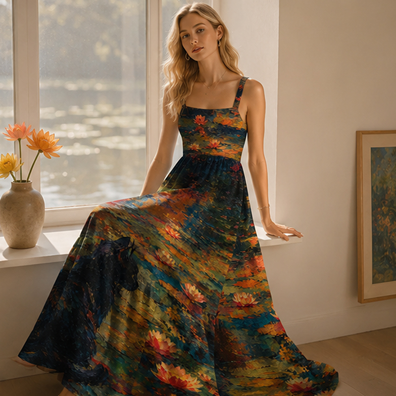 Oil Painting Black Cat Water Lily Impressionist Maxi Dress