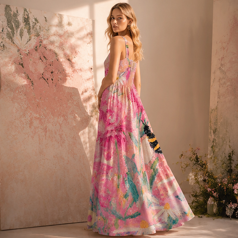 Oil Painting Pink Garden Bee Hand‑Painted Maxi Dress