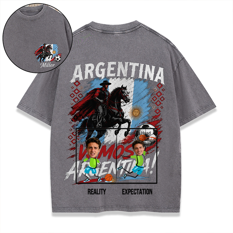 Personalized Football Washed T-shirt Vamos Argentina Gaucho Custom Name Gift for Argentina Football Fans