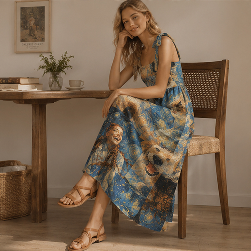 Personalized Oil Painting Maxi Dress Post-Impressionism Custom Photos Gift for Her