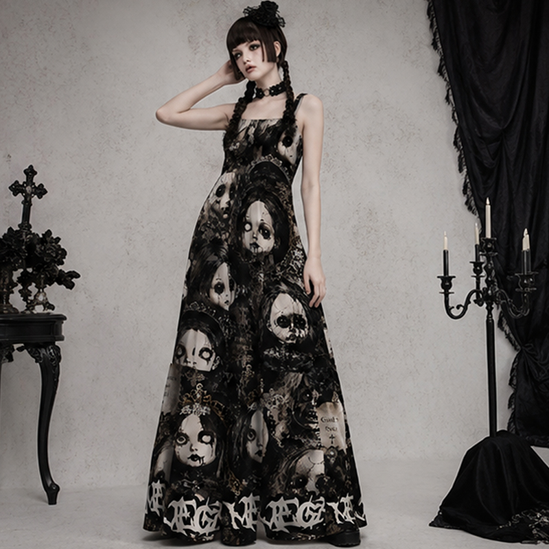 Personalized Gothic Maxi Dress Cracked Horror Doll Print with Custom Name for Her