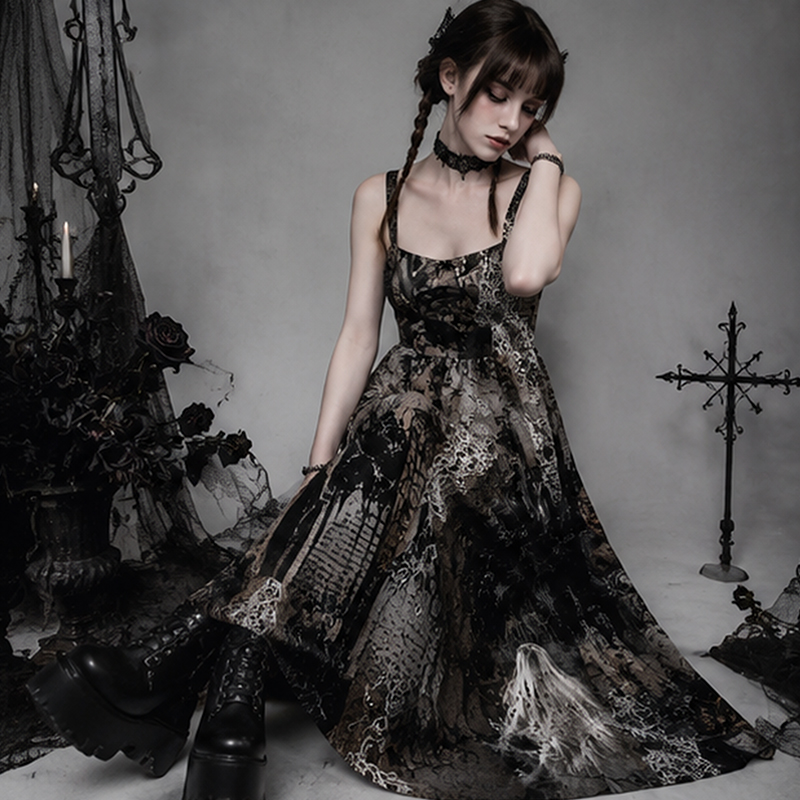 Gothic Maxi Dress Graveyard Ghost Cross Print Gift for Gothic Lovers