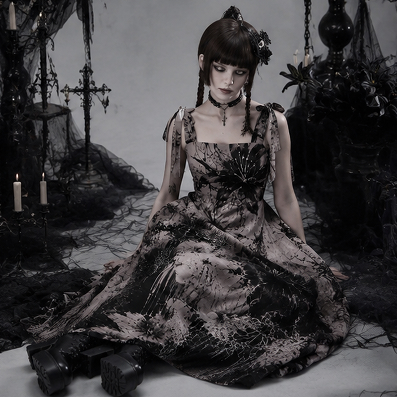 Gothic Maxi Dress Grunge Cross Floral Butterfly Print Tie Strap Tiered Maxi Dress