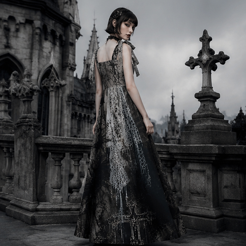 Gothic Maxi Dress Gothic Lace Cross Floral Print Tie Shoulder Strap Flowy Maxi Dress
