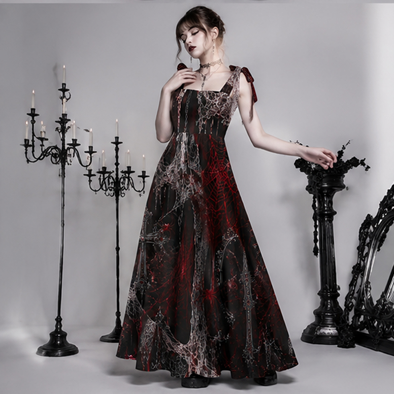 Gothic Maxi Dress Gothic Red Spider Web Rose Print Tie Shoulder Strap Flowy Maxi Dress