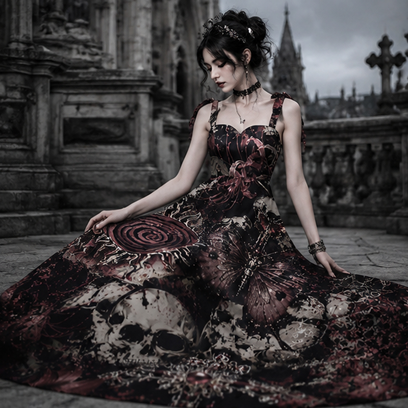 Gothic Maxi Dress Gothic Skull Red Spider Lily Butterfly Cross Print Tie Strap Maxi Dress