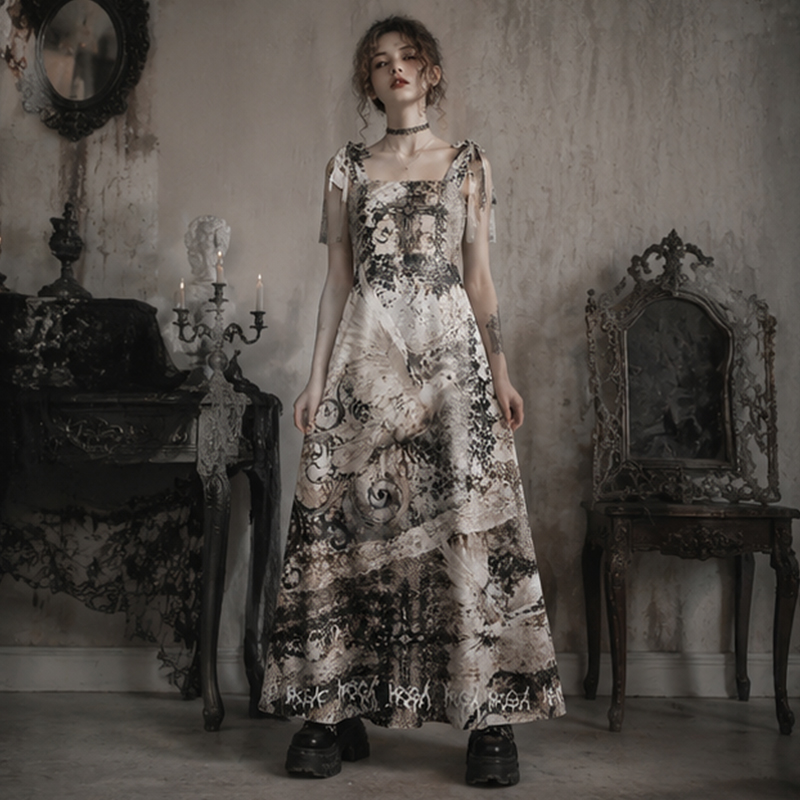 Personalized Gothic Maxi Dress Vintage Gothic Dove Cross Distressed Lace Print Tie Strap for Her