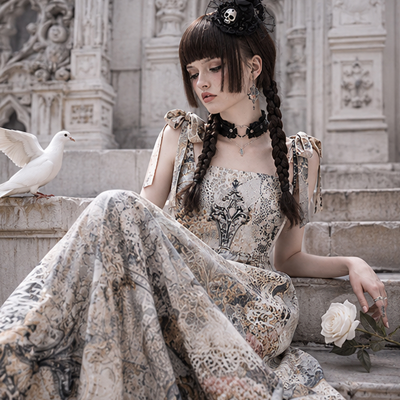 Personalized Gothic Maxi Dress Vintage Gothic Rose Dove Lace Distressed Print Tie Strap Flowy Dress