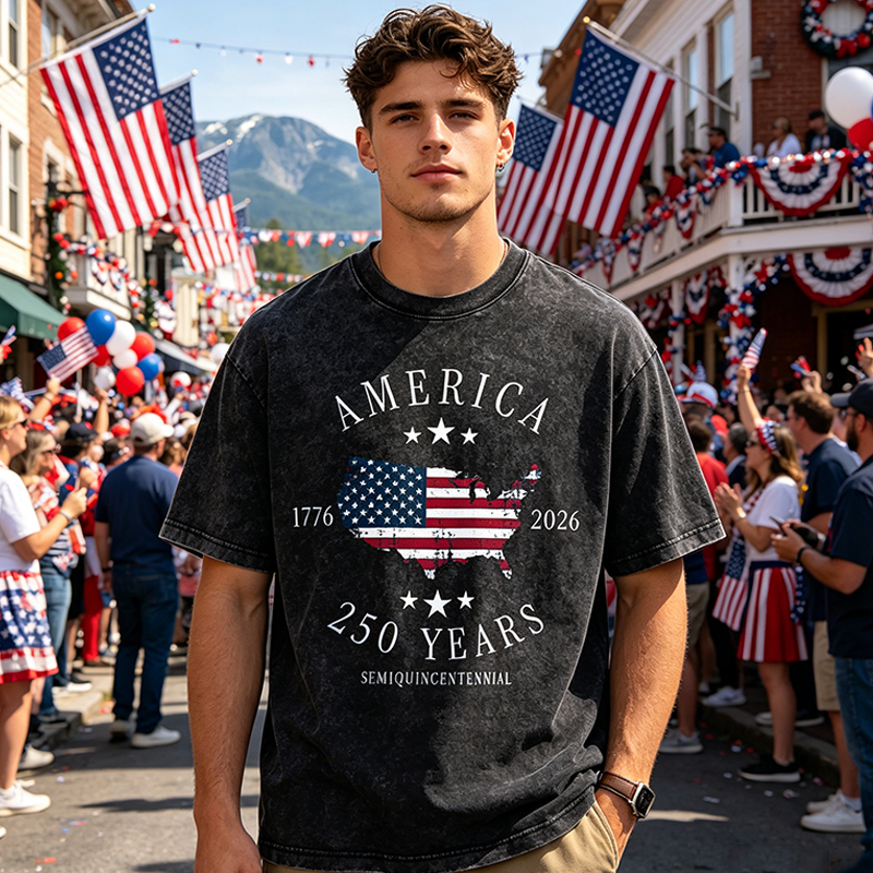 America 250th Anniversary 1776-2026 Vintage Washed T-Shirt - Patriotic USA Map Flag Graphic Tee