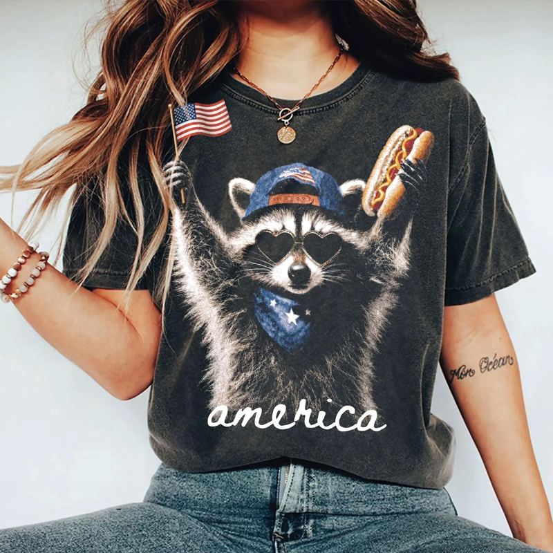 America Raccoon Hot Dog Washed T-Shirt 4th of July America Patriotic American Flag Tee