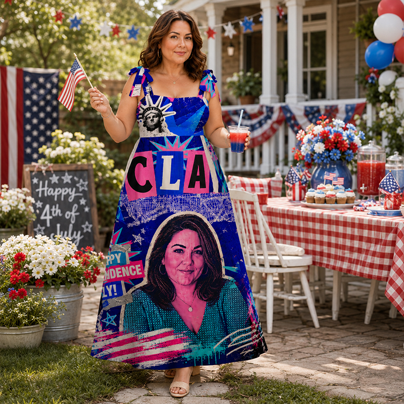 Personalized Pop Art Independence Day Maxi Dress Tie-Shoulder Custom Name Photo and State with Statue of Liberty Print for Patriotic