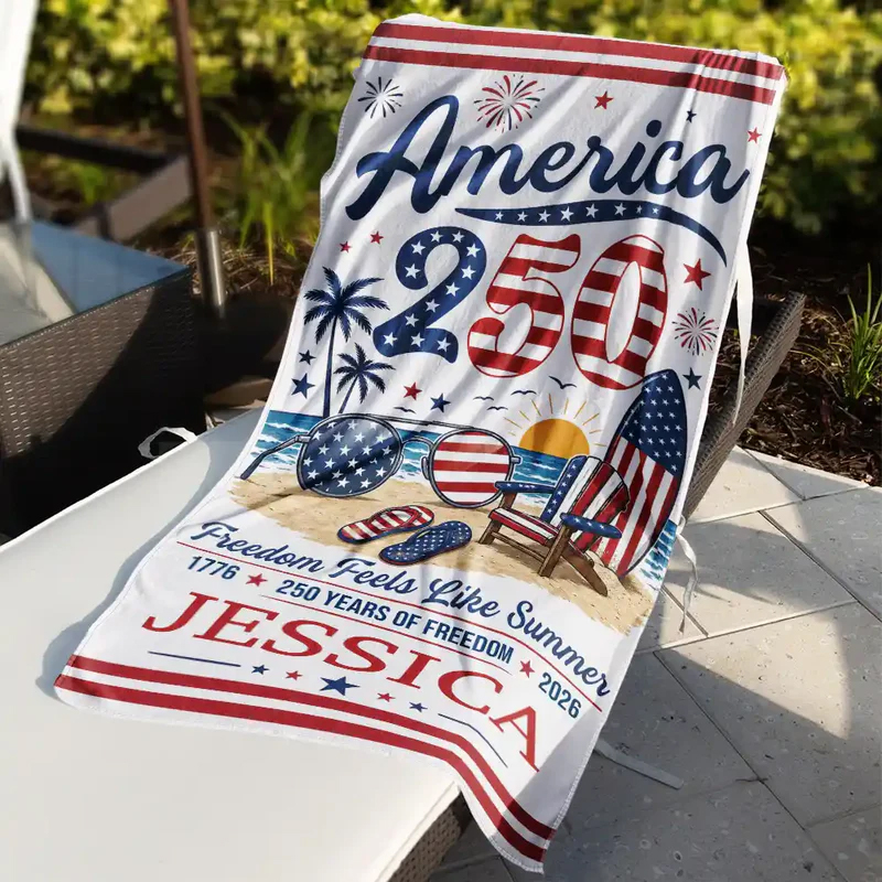 Personalized Beach Towel America 250 Freedom Feels Like Summer Custom Name for Summer