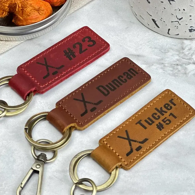 Personalized Leather Hockey Keychain with Custom Name and Number