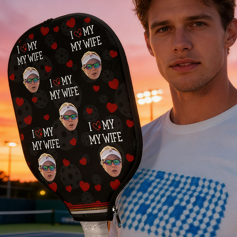 Personalized Photo Pickleball Paddle Cover I Love My Wife Custom Funny Face Valentine's Day Gift 