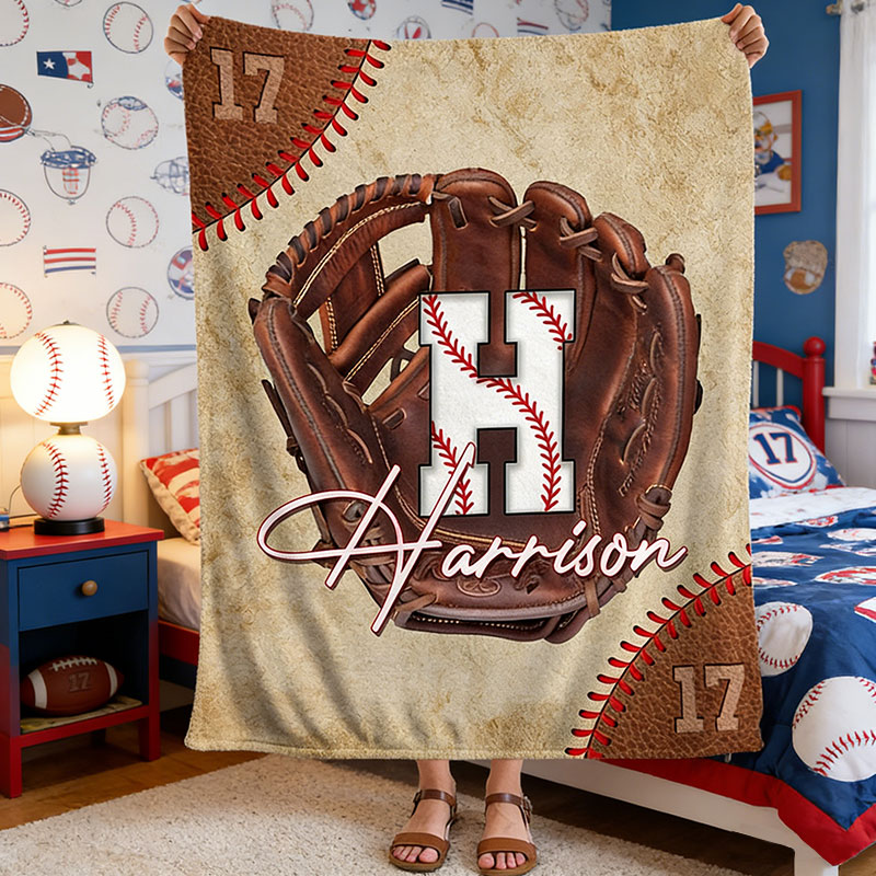 Personalized Baseball Lover’s Throw Blanket with Baseball Glove Design with Initials Name and Number Gift for Baseball Enthusiasts