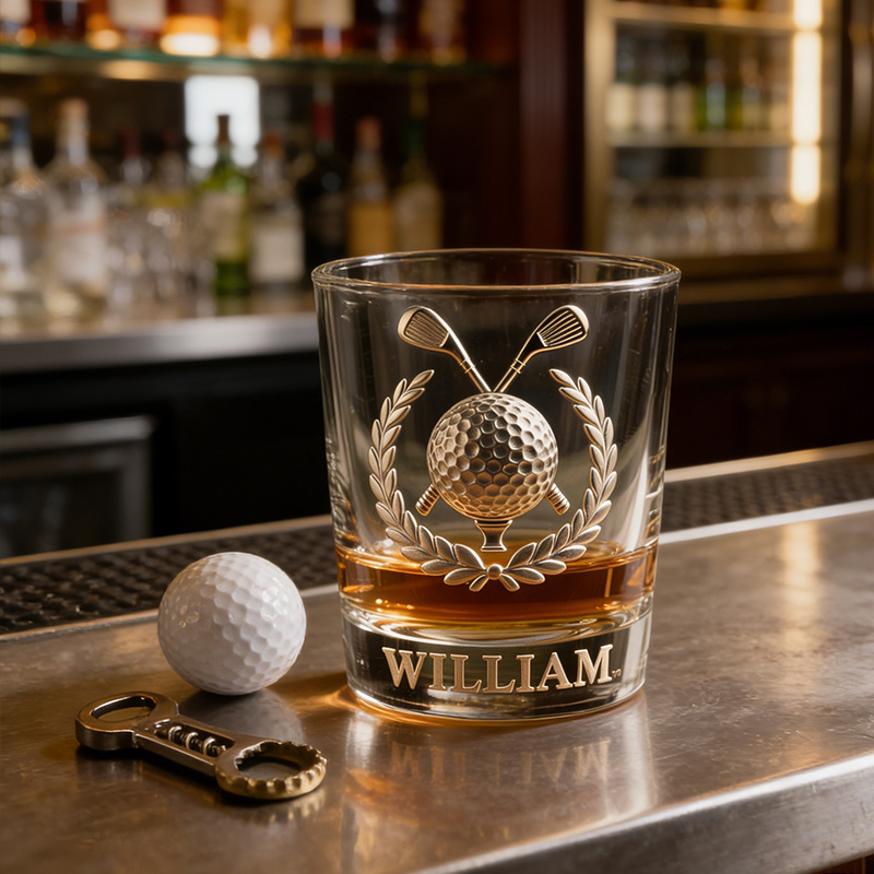 Personalized Golf Whiskey Glass 2D Metallic Style Print with Custom Name for Golf Lovers