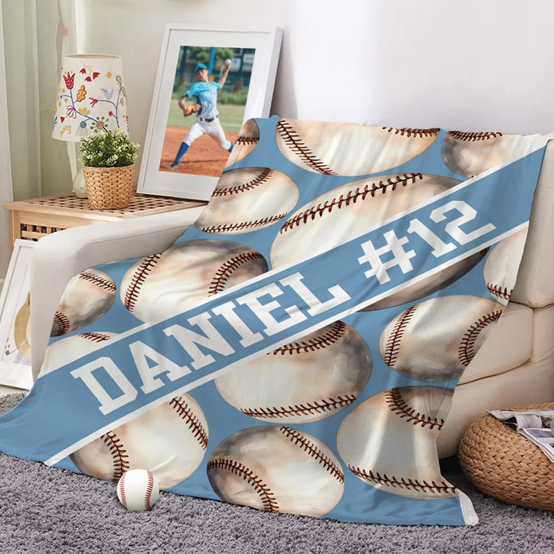 Personalized Sports Soft Throw Blanket Baseball Football Soccer Ball with Text Game Day Birthday Gift for Kids Sports Lovers