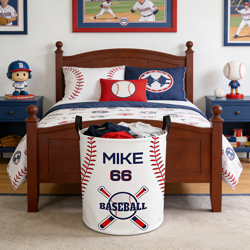 Personalized Baseball Laundry Basket Baseball Pattern Printed with Custom Name and Number