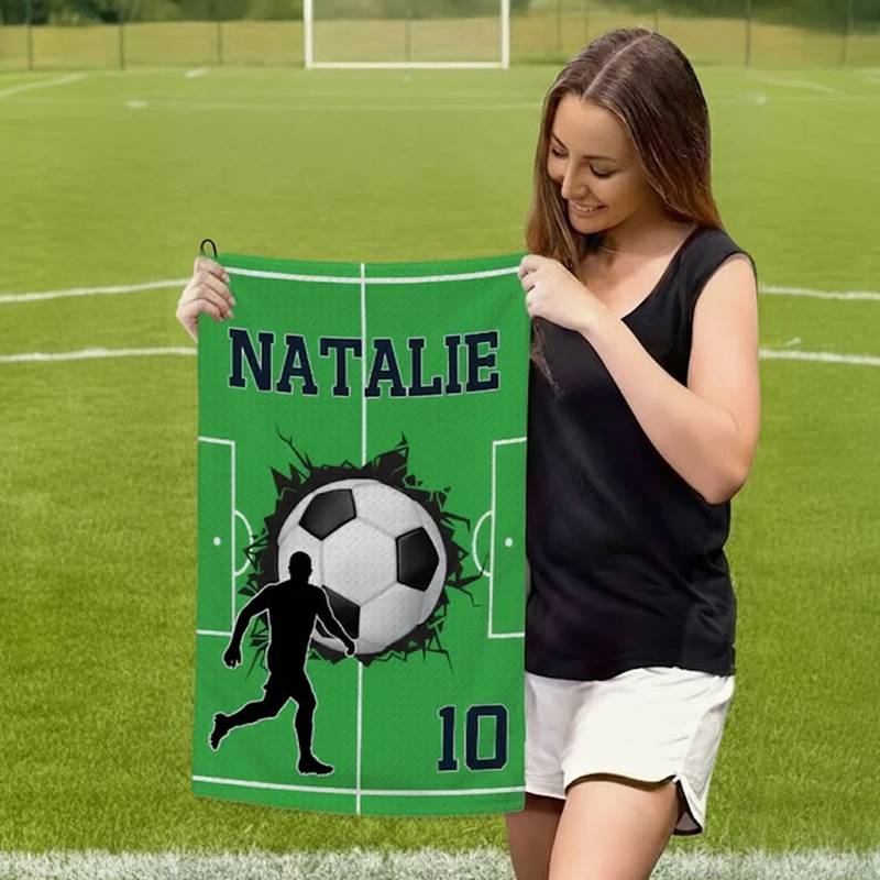 Personalized Character Silhouette Sports Towel with Name Number and Hanging Clip Game Day Gift for Sports Lovers