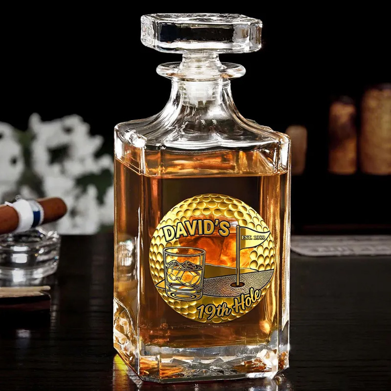Personalized Golf Whiskey and Glass Set 19th Hole Golf Gift for Him Custom Name Barware for Golfers 