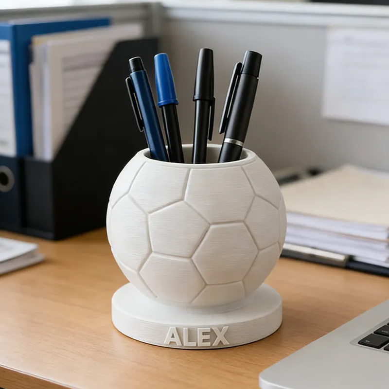 Personalized 3D Printed Soccer Ball Pen Holder with Custom Name Design