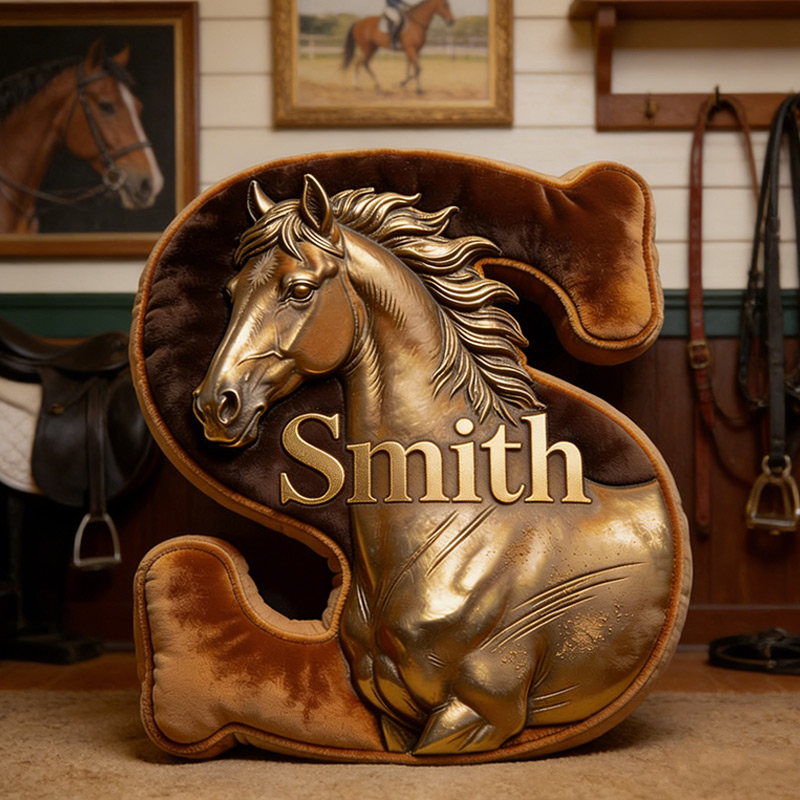 Personalized Horse Letter Pillow Golden Horse Print Custom Name Gift for Equestrian Enthusiasts