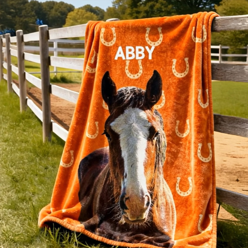 Personalized Painted Horse Photo Horseshoe Print Multicolor Soft Throw Blanket with Name Home Decor Birthday Gift for Horse Lovers