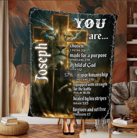 Personalized Lion of Judah You are Chosen Throw Blanket with Name Bible Verse Cross Home Decor Religious Gift Christian Gift for Men 