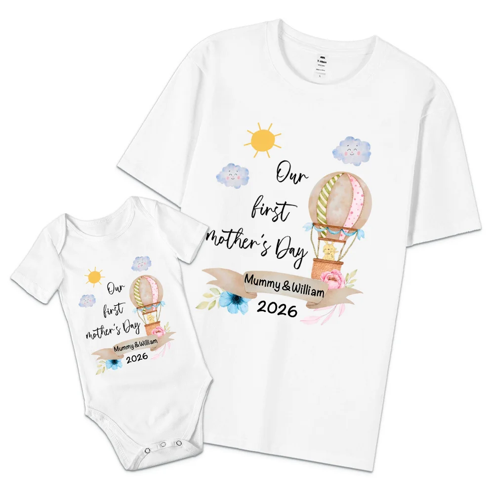 Personalized Cute Bear Bunny Giraffe 100% Cotton T-Shirt and Baby Onesie Our First Mother's Day T-shirt Funny Mummy and Baby Gift Mama and Me tee Baby bodysuit