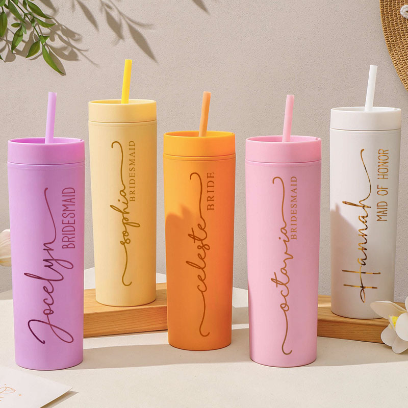 Personalized Minimalist Bridesmaid 16oz Skinny Tumbler Custom Bride Name Wedding Tumbler Maid of Honor Bachelorette Party Favor Bridal Shower Gift
