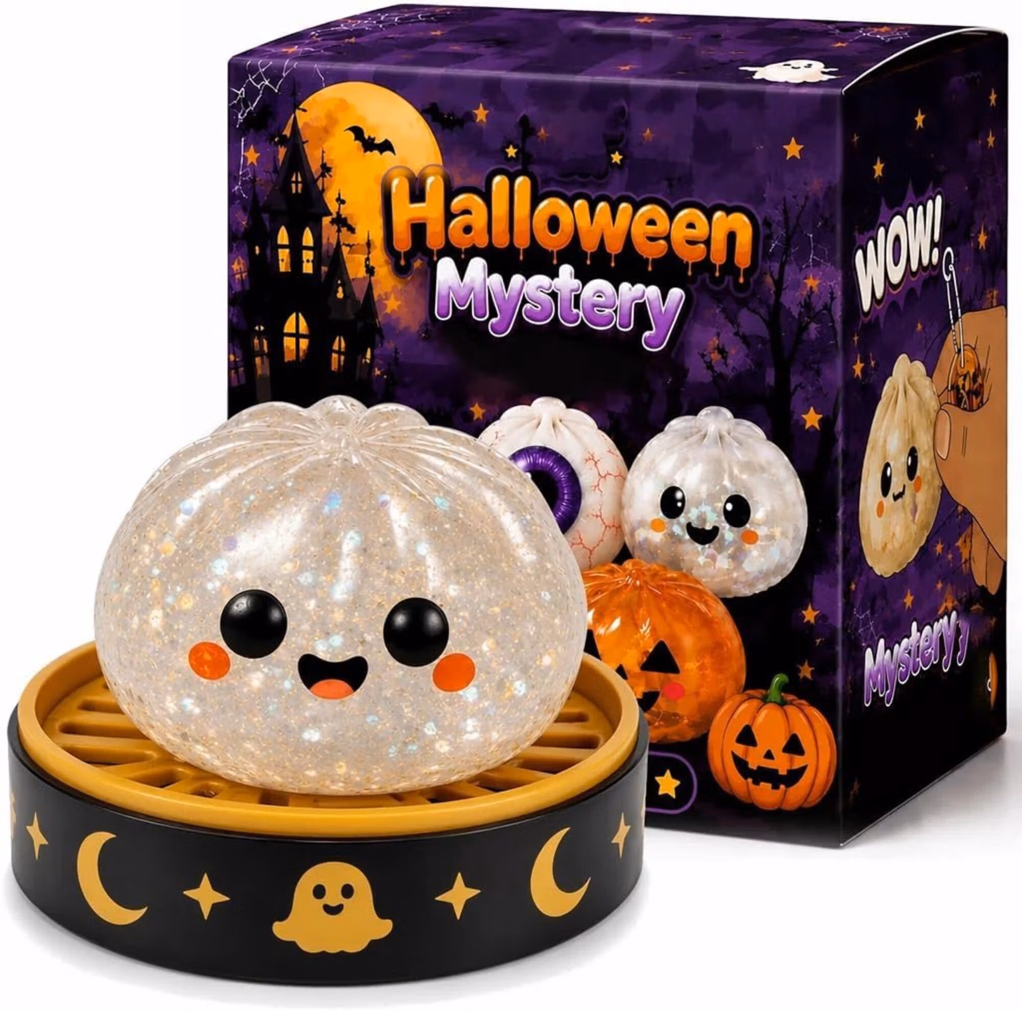 Halloween Mystery Glitter Dumpling Squishy Box Set Ghost Pumpkin Eyeball Design Soft Stress Relief Fidget Toy Party Favor Gift