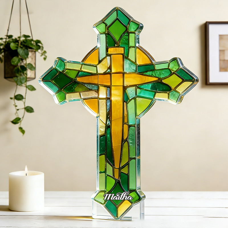 Personalized Stained Glass Cross Custom Shaped Acrylic Plaque with Custom Name Religious Gift Prayer Gift for Christians