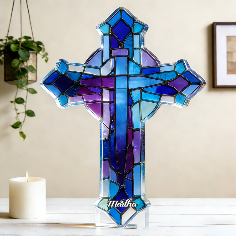 Personalized Stained Glass Cross Custom Shaped Acrylic Plaque with Custom Name Religious Gift Prayer Gift for Christians