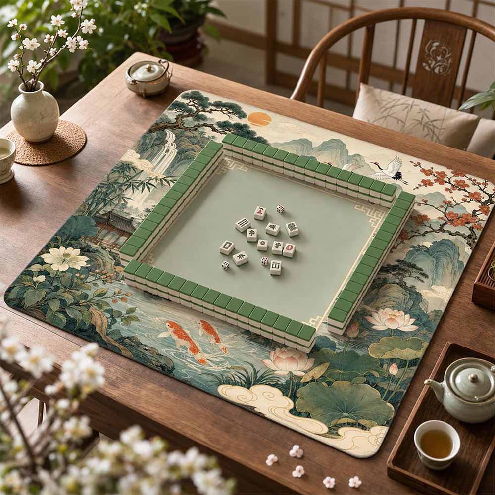Chinese Landscape Mahjong Mat Shan Shui Crane Koi & Lotus Pavilion Game Mat Classical Chinese Art Non Slip Sages of the Past