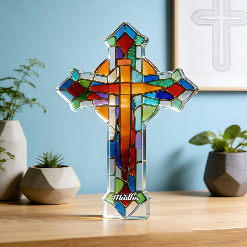Personalized Stained Glass Cross Custom Shaped Acrylic Plaque with Custom Name Religious Gift Prayer Gift for Christians