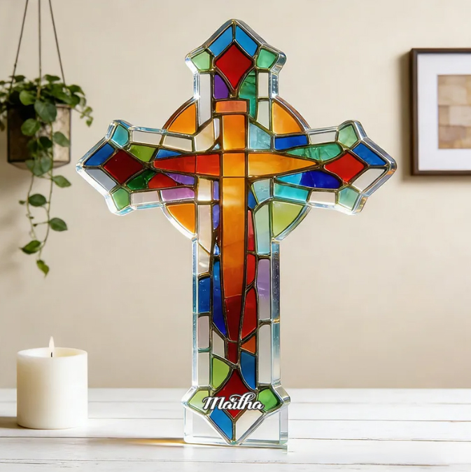 Personalized Stained Glass Cross Custom Shaped Acrylic Plaque with Custom Name Religious Gift Prayer Gift for Christians