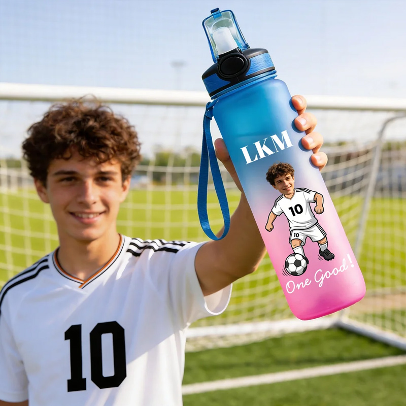 Personalized Cartoon Soccer Character Face Photo 32 oz Water Bottle with Name and Number Birthday Gift for Soccer Fans Lovers
