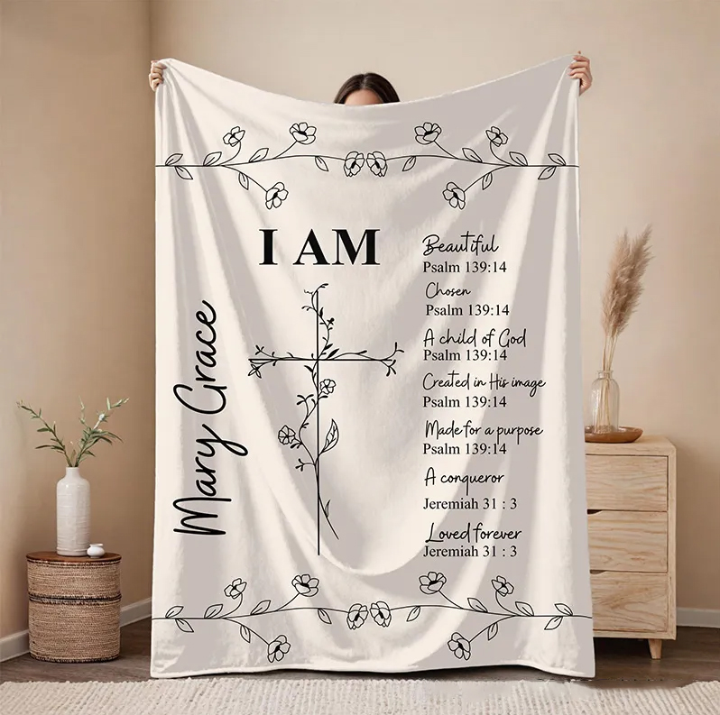 Personalized Bible Verse Throw Blanket with Custom Name Floral Cross Blanket Faith Home Decor Religious Gift Christian Gift for her 
