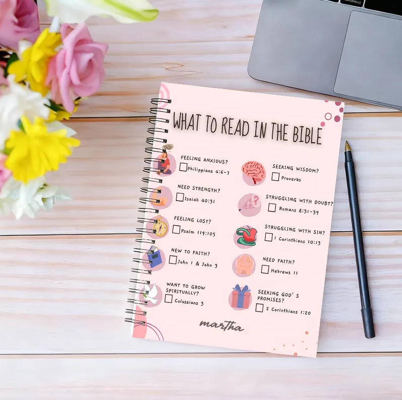Personalized What to Read in the Bible A5 Spiral Notebook with Name Religious Baptism Gift Mother's Day Gift Birthday Gift for Christian Women