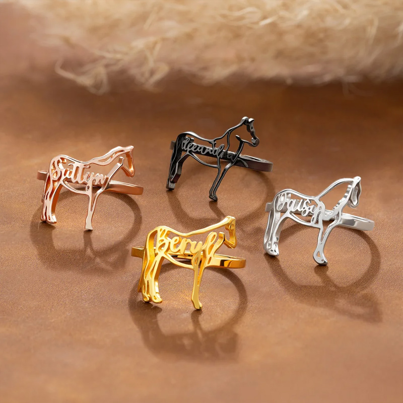 Personalized Horse Silhouette Ring with Name Dainty Jewelry Birthday Anniversary Gift for Horse Lovers Equestrians