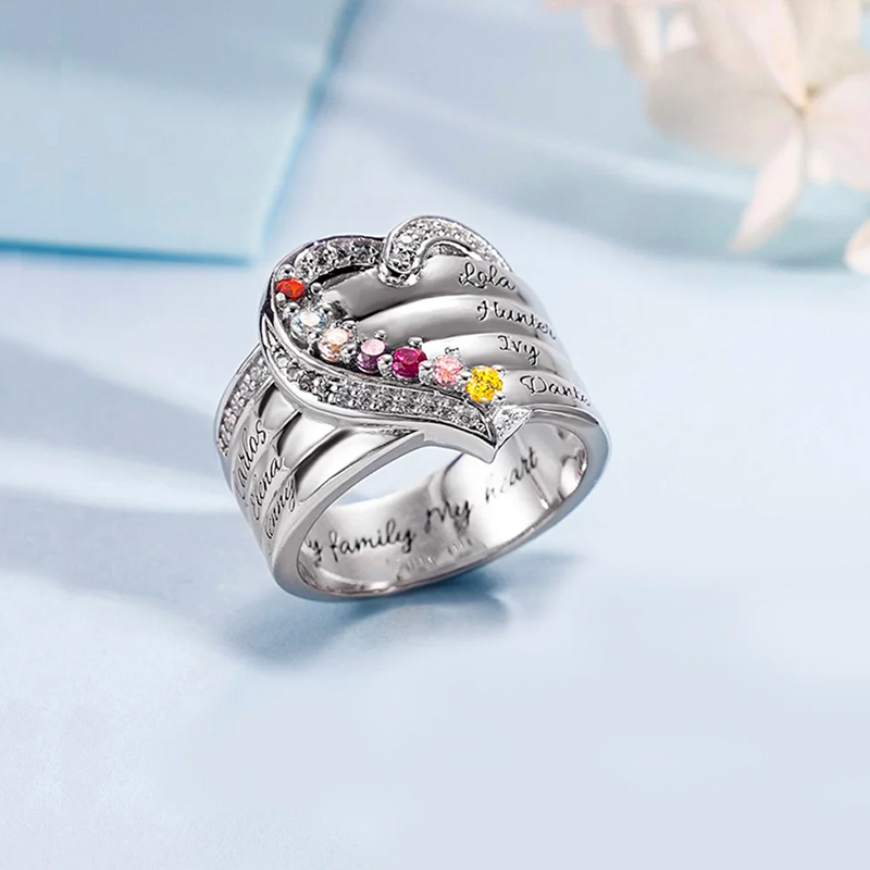 Personalized 1-8 Birthstones Heart Family Ring Where Hearts Meet Love Gleams In Every Stone