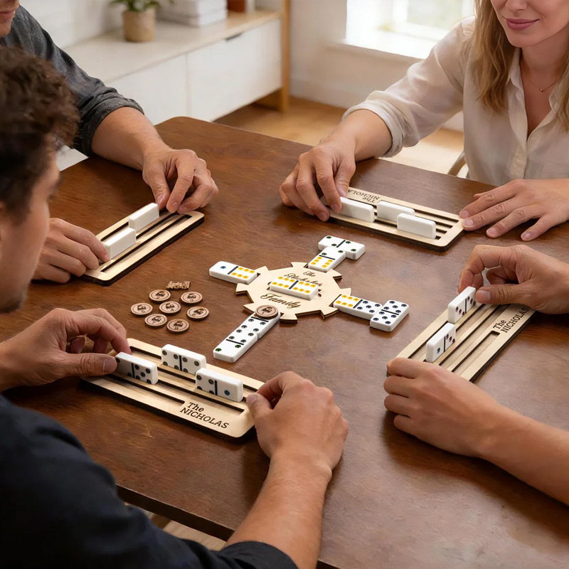 Personalized Wooden Mexican Train Domino Hub & Holder Engraved Basswood Set 11 or 15 Holder Gift for Family