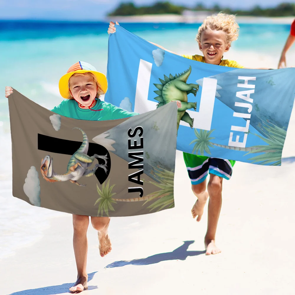 Personalized Cute Dinosaur Quick Dry Oversized Beach Towel with Name and Initial Travel Essential Summer Vacation Birthday Gift for Kids