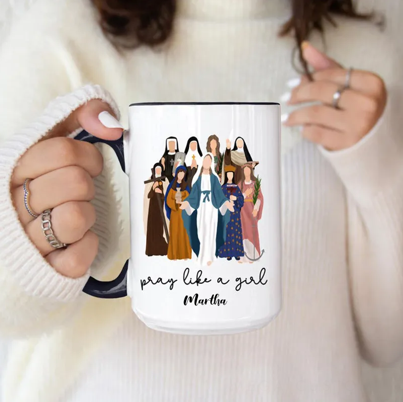Personalized Pray Like a Girl 15oz Ceramic Mug with Custom Name Saintly Women and Nuns Coffee Mug Catholic Faith Gifts For Women