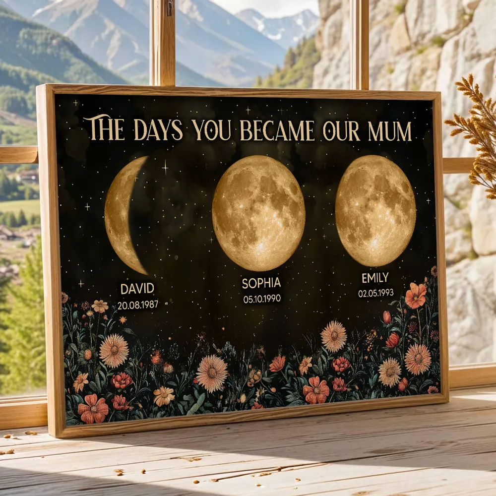 Personalised Moon Phase Family Print – “The Days You Became Our Mum” Custom Poster with Names, Dates & Birth Moons – Unique Mother’s Day Gift